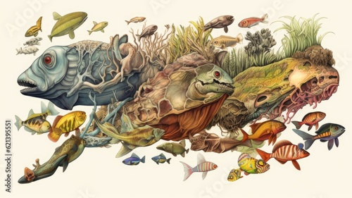 Adaptive radiation: Illustrations showcase the concept of adaptive radiation, where mutations and subsequent variations lead to the diversification of species in different environments