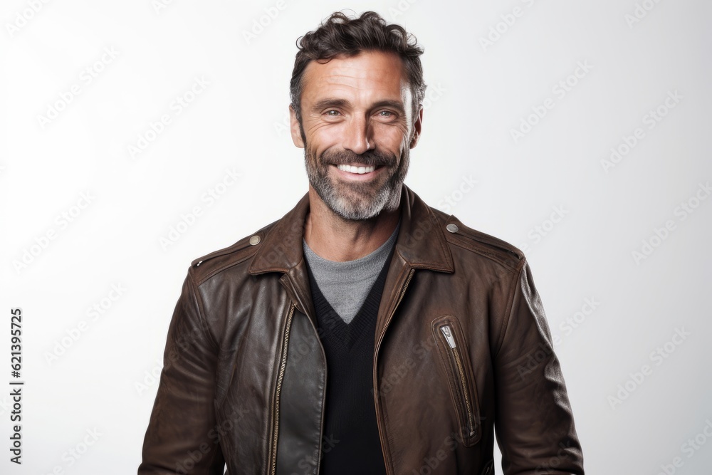 man in his 40s that is wearing a retro leather jacket against a white background man in his 40s that is wearing a retro leather jacket against a white background