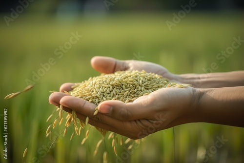 Fototapeta a photo realistic image of a hand holding a pile of rice grains in a field