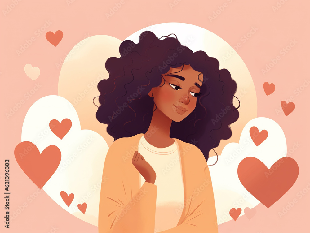Cute black smiling girl in love and surrounded with hearts Cute black smiling girl in love and surrounded with hearts