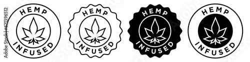 Hemp infused icon vector set collection for web app ui use. CBD contain food products or beverages. No cannabidiol drinks, juice, edible snack round circle stamp style badge emblem seal mark logo