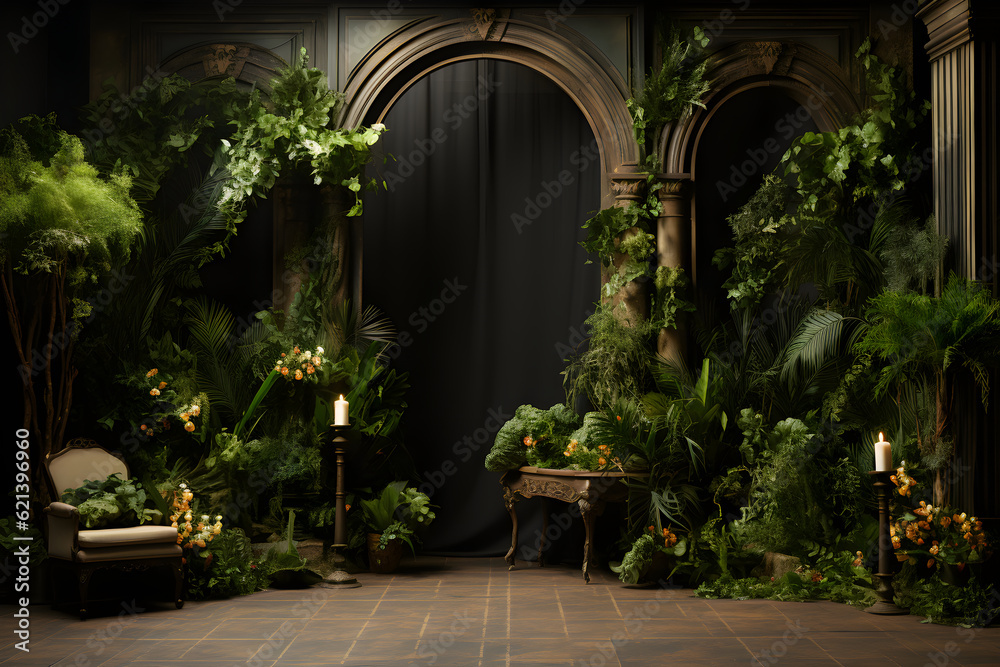 studio room backdrop template full of plants