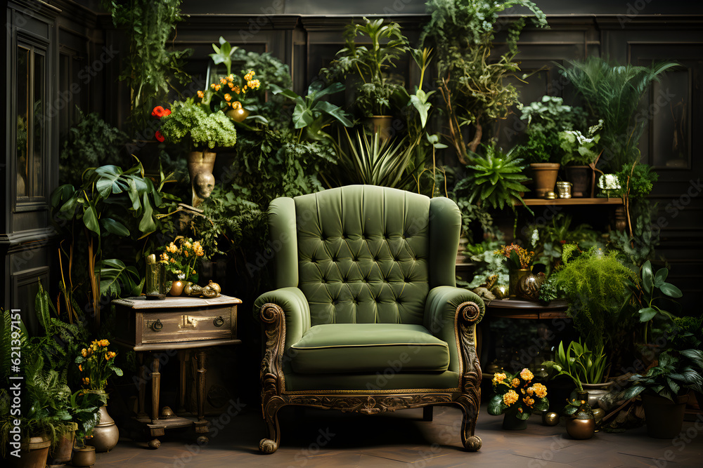 vintage room full of plants with a classic chair, studio shot backdrop