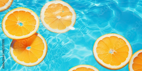  Vibrant Orange Fruit Slices Floating in Crystal Clear Swimming Pool Water, Creating a Playful and Inviting Summer Background  Generative AI Digital Illustration