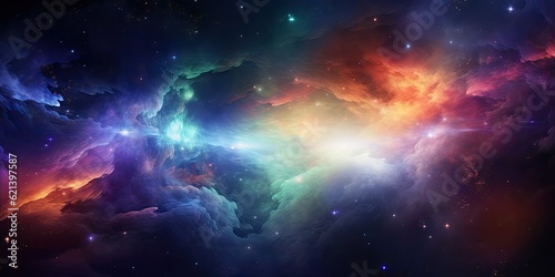 Colorful Space Galaxy Cloud Nebula in the Starry Night Cosmos, an Enchanting Universe of Science and Astronomy. Supernova Background Wallpaper" Generative AI Digital Illustration