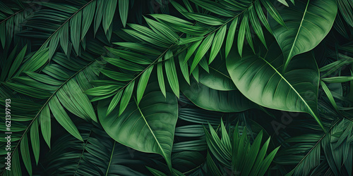 desktop wallpaper loseup Tropical Green Leaf Background, a Fresh and Vibrant Wallpaper Banner Concept Generative AI Digital Illustration