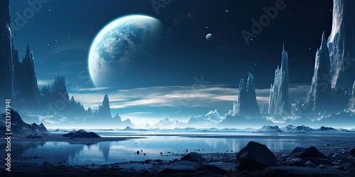 desktop wallpaper  Cosmic Horizons: A Futuristic Space Planet Landscape Unfolds in High-Definition Splendor Generative AI Digital Illustration © Cool Patterns