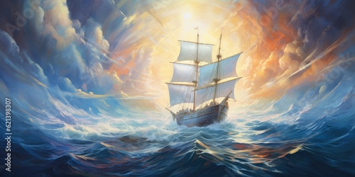Sailing on a Blue Background - Wind's Embrace - Billowing White Sails & Glistening Sun Path Generative AI Digital Illustration