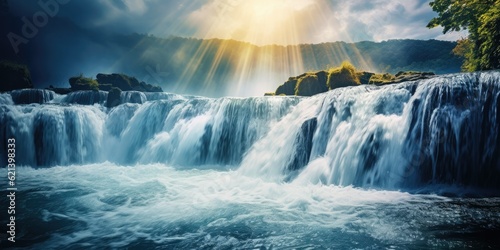 caribbean islands  Nature s Symphony of Waterfalls - Soft Water Blur and Sunlit Ray Generative AI Digital Illustration