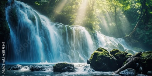 caribbean islands Nature's Symphony of Waterfalls - Soft Water Blur and Sunlit Ray Generative AI Digital Illustration