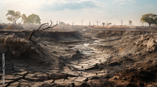 A dry river bed in the middle of a desert. Generative AI image.