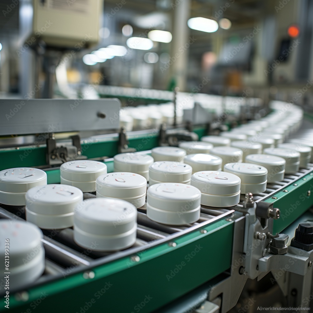 Pills on a conveyor belt in a manufacturing plant. Generative AI. Pills on a conveyor belt in a manufacturing plant. Generative AI.