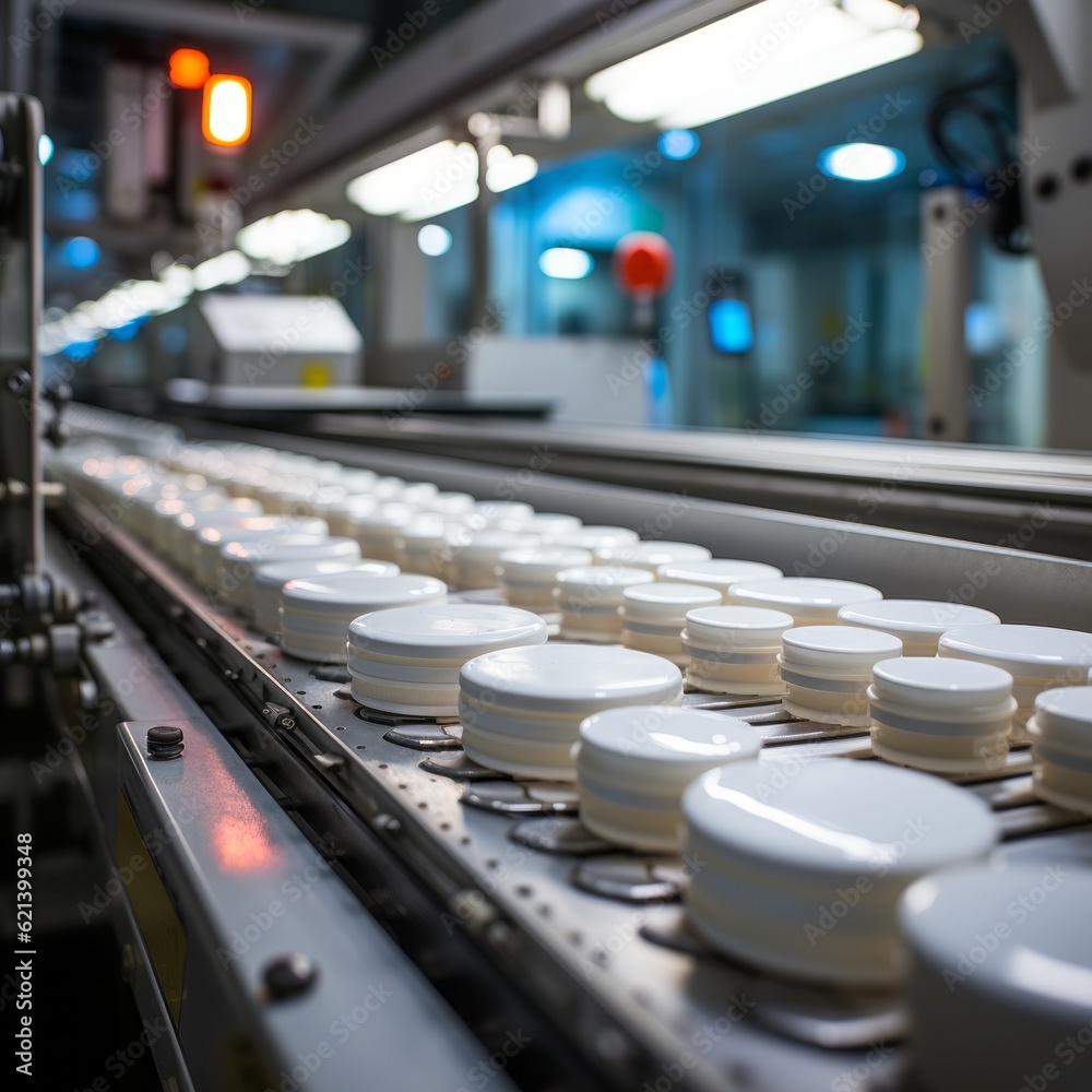 Pills on a conveyor belt in a manufacturing plant. Generative AI. 