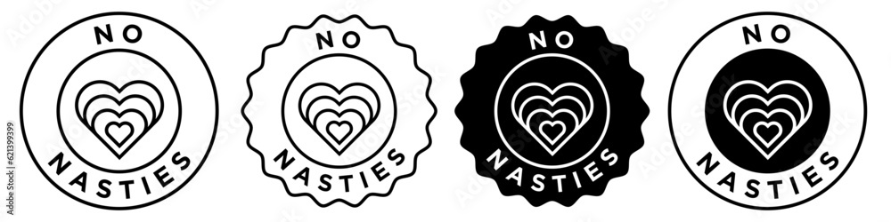 No nasties icon set vector collection. Sign symbol of fair cotton fabric sustainable life style certified clothing quality stamp seal style badge emblem in round circle sticker. Organic cloth material No nasties icon set vector collection. Sign symbol of fair cotton fabric sustainable life style certified clothing quality stamp seal style badge emblem in round circle sticker. Organic cloth material