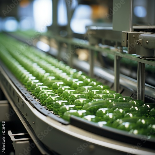 Pills on a conveyor belt in a manufacturing plant. Generative AI. 