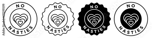 No nasties icon set vector collection. Sign symbol of fair cotton fabric sustainable life style certified clothing quality stamp seal style badge emblem in round circle sticker. Organic cloth material photo