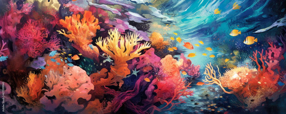 abstract background resembling a vibrant underwater coral reef, with a plethora of colorful marine life, immersing the viewer in a captivating aquatic world panorama