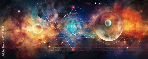 fusion of celestial elements and geometric shapes on an abstract background, representing the harmonious balance between the cosmos and mathematics panorama © aicandy