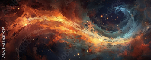 abstract background resembling a cosmic dance of swirling galaxies and celestial bodies, portraying the majestic beauty of the universe in motion panorama