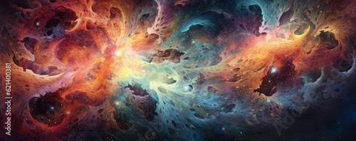 symphony of abstract colors and textures on a cosmic background, representing the dance of the universe and the interconnectedness of all things panorama