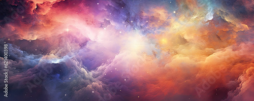 abstract background resembling a cosmic explosion, with swirling dust clouds and celestial remnants, showcasing the majestic birth of stars panorama © aicandy