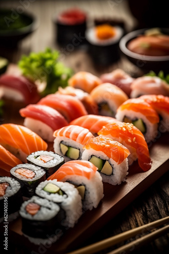 fish rice food seafood sushi japanese roll japan set meal. Generative AI.