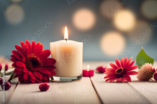 Bouquet of white flowers in a vase  candles on vintage copper tray  wedding home decor on a table