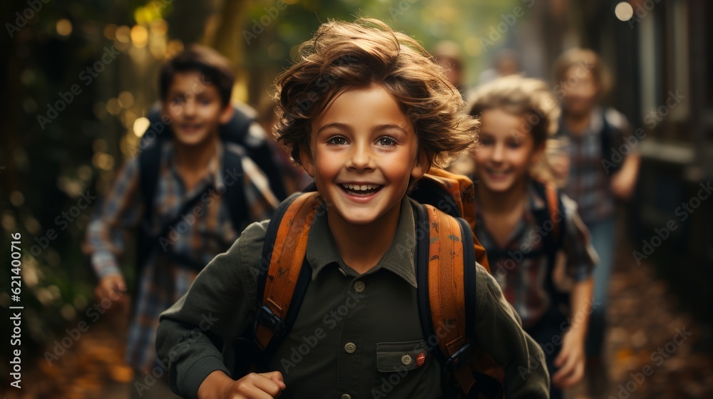 Fototapeta premium a group of young children rushing to school