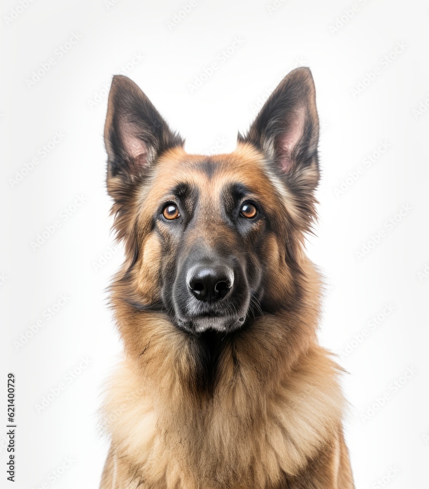 Loyal Belgian Shepherd Dog Sitting in Front of White Background Generative AI Loyal Belgian Shepherd Dog Sitting in Front of White Background Generative AI