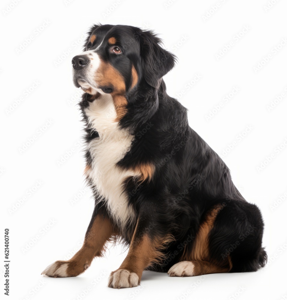 Adorable Bernese Mountain Dog Sitting in Front of a White Background Generative AI