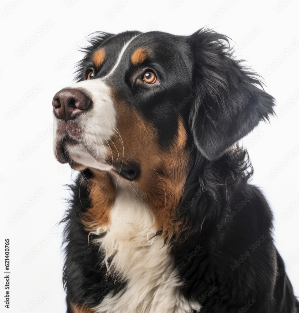 Adorable Bernese Mountain Dog Sitting in Front of White Background Generative AI