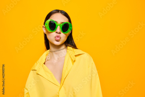 lifestyle woman girl beautiful sunglasses young attractive trendy style yellow fashion