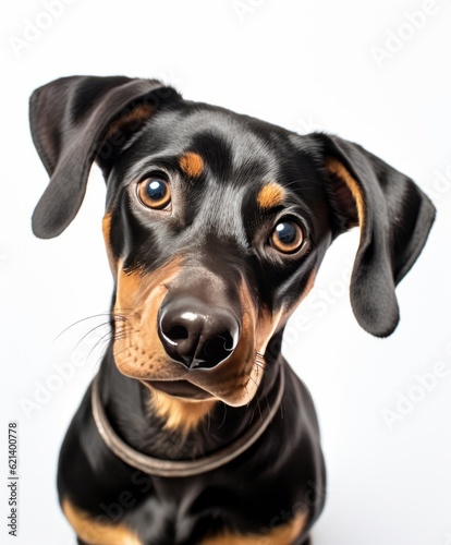 Cute Black and Tan Dog Relaxing on White Background Generative AI