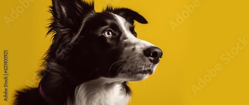Handsome Border Collie Sitting on Bright Yellow Background Generative AI © monsifdx