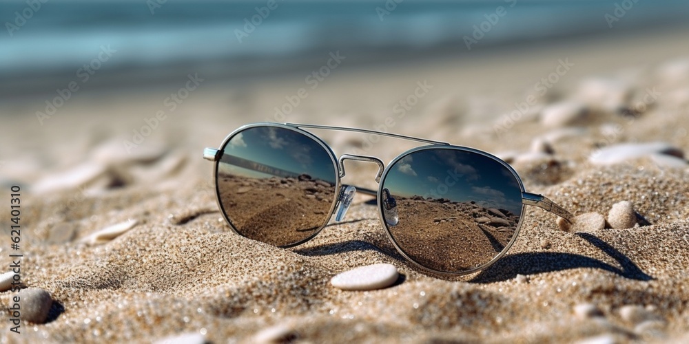 Sunglasses on sand beach holiday background. AI Generated