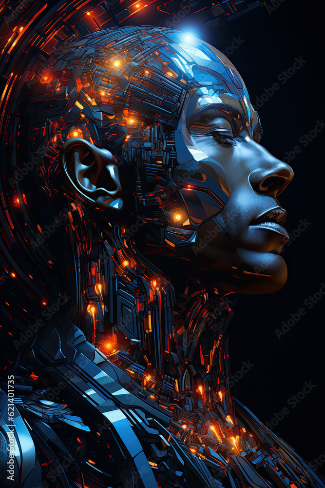 A close up of a robot's head with glowing lights. Generative AI. A close up of a robot's head with glowing lights. Generative AI.