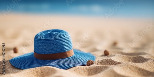 Blue straw hat on beach sand holiday background. AI Generated