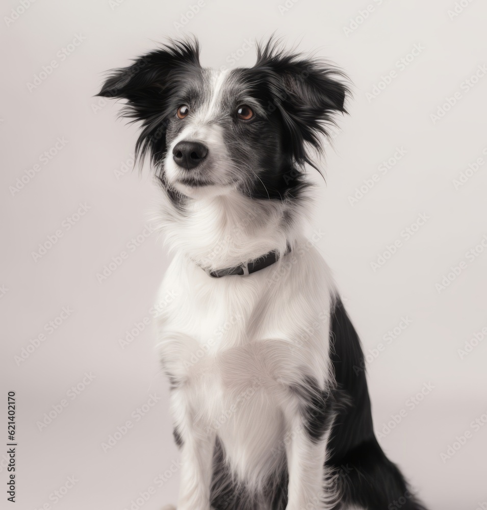 Adorable Black and White Dog Sitting in Front of White Background Generative AI