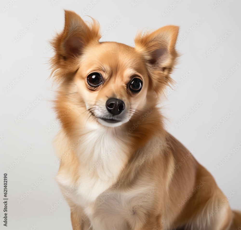 Adorable Small Brown and Tan Dog Sitting on a White Background Generative AI