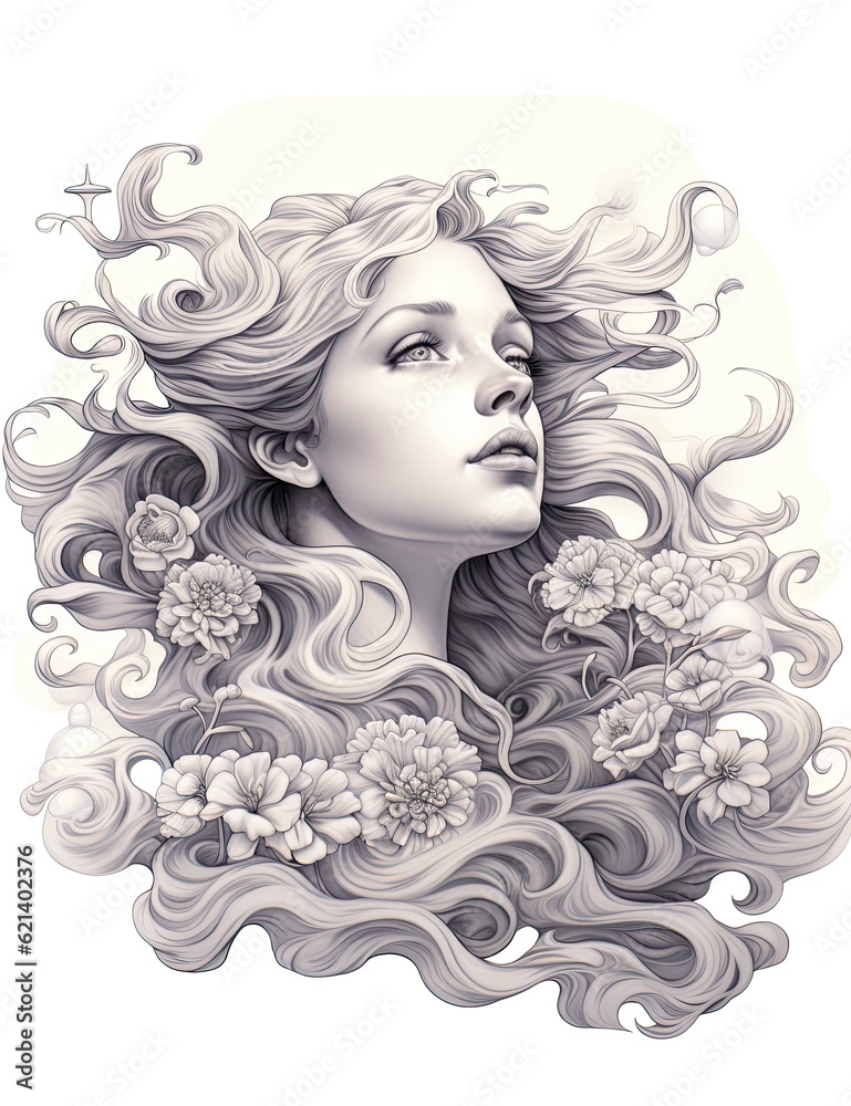 A drawing of a woman with flowers in her hair. Generative AI. A drawing of a woman with flowers in her hair. Generative AI.
