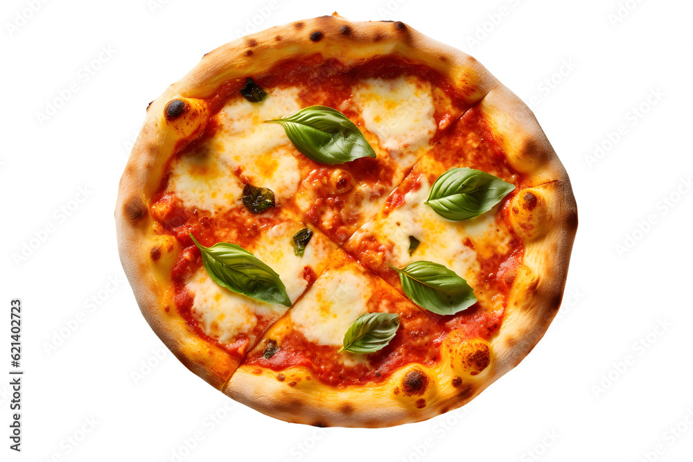 italian pizza margherita with mozzarella cheese and basil leaves, personal or mini size. top view