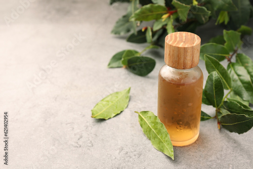 Bottle of bay essential oil and fresh leaves on light grey table. Space for text