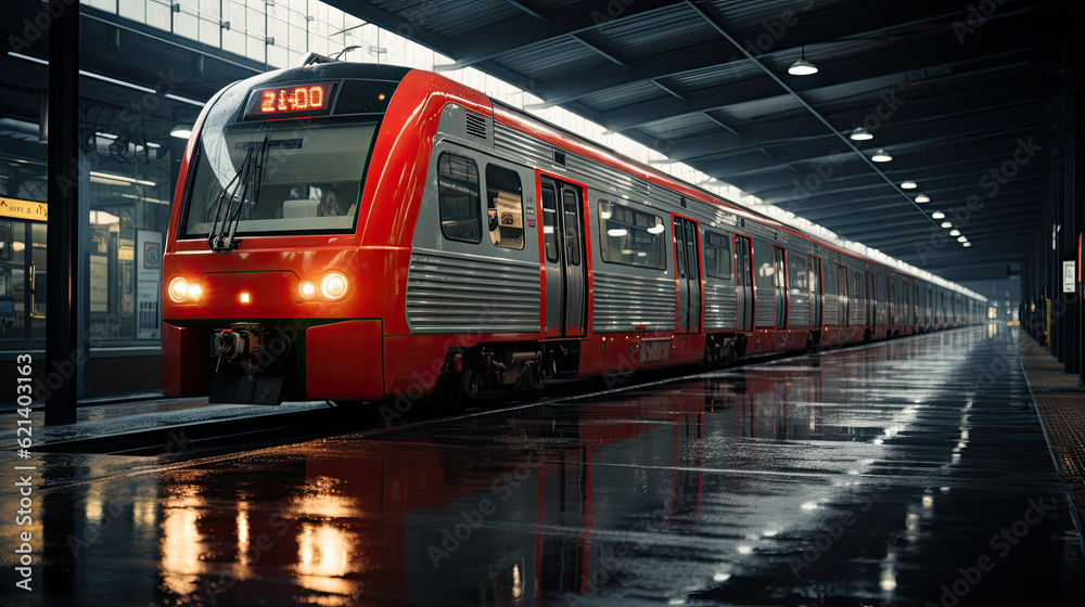 Fototapeta premium A red train pulling into a train station. Generative AI.