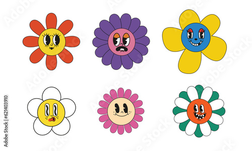 Set of cartoon flower character sticker pack. Groovy funky comic daisy flower with eyes and abstract. Vector illustration