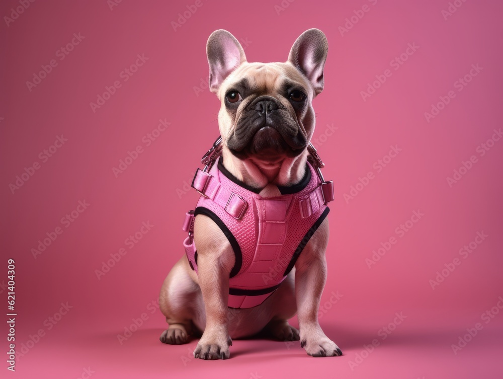 Fototapeta premium Adorable French Bulldog Wearing a Pink Harness for Safety Generative AI