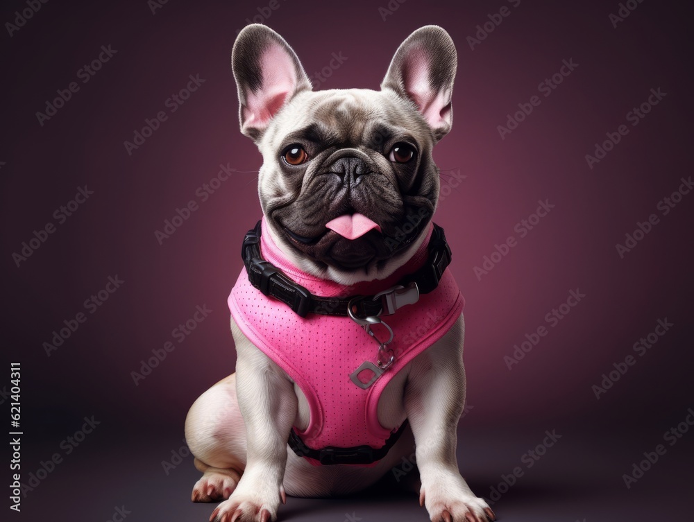 Adorable French Bulldog in Pink Harness for Safety and Comfort Generative AI