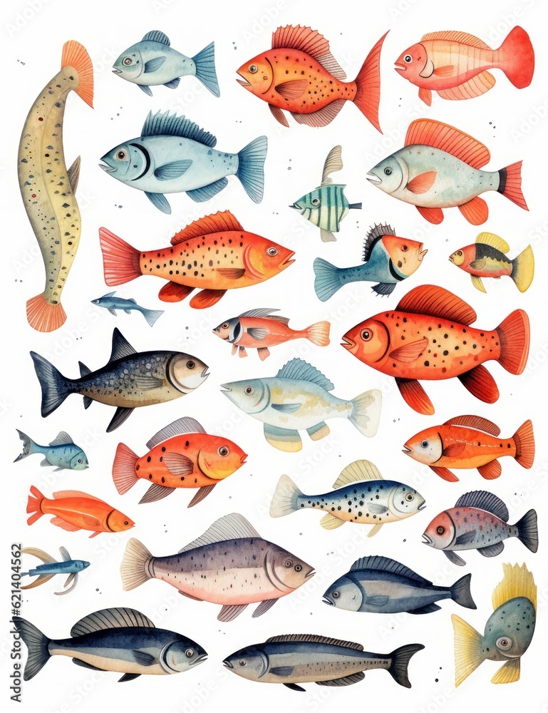 Large Collection of Colorful Fish on White Background Generative AI Large Collection of Colorful Fish on White Background Generative AI
