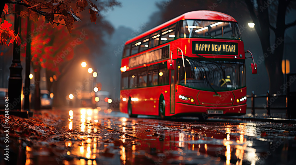 Obraz premium A red double decker bus driving down a wet street. Generative AI.