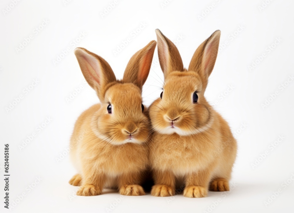 Adorable Bunnies Sitting Together in White Background - Stock Photo Generative AI