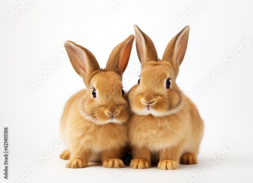 Adorable Bunnies Sitting Together in White Background - Stock Photo Generative AI